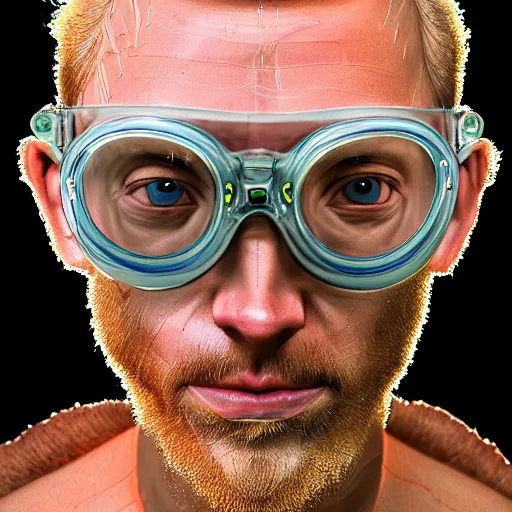 Prompt: Colour Caravaggio Bosch style Photography of Man with transparent glowing skin with highly detailed 1000 years old face with transparent glowing skin wearing highly detailed sci-fi glasses designed by Josan Gonzalez. Many details . In style of Josan Gonzalez and Mike Winkelmann and andgreg rutkowski and alphonse muchaand and Caspar David Friedrich and Stephen Hickman and James Gurney and Hiromasa Ogura. Rendered in Blender and Octane Render volumetric natural light