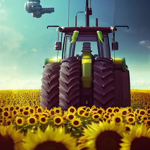 Prompt: cute tractor on sunflower field cyberpunk art by mike winkelmann, trending on cgsociety, retrofuturism, reimagined by industrial light and magic, darksynth, sci - fi