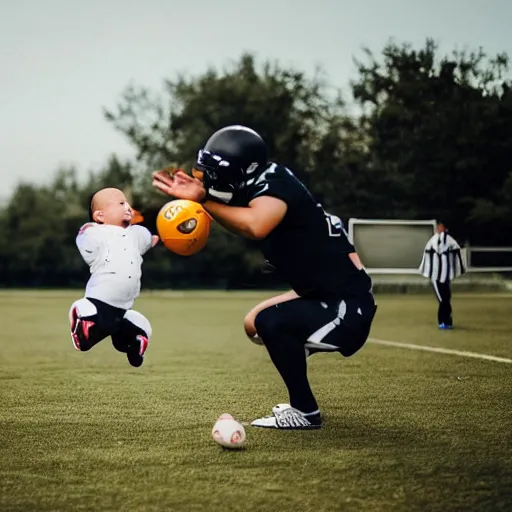 Prompt: Adult Justin Sun kicking a baby through a field goal, professional football photography, flying baby