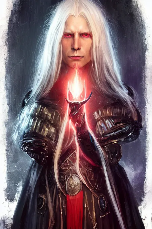 Image similar to 4k HD digital full body portrait of Elric of Melibourne, long white hair, black paper, vivid colors, Long black sword with red glowing runes, by Bastien LeCouffe-Deharme, Craig Mullins, Marc Simonetti, trending on Artstation