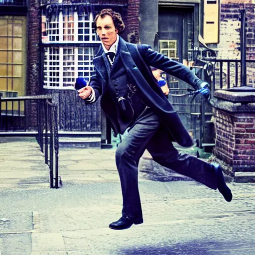 Image similar to [UHD candid photo of Sherlock Holmes running down the streets of futuristic steampunk London, correct face, accurate details, graphic detail, sharp focus by Annie Leibowitz]