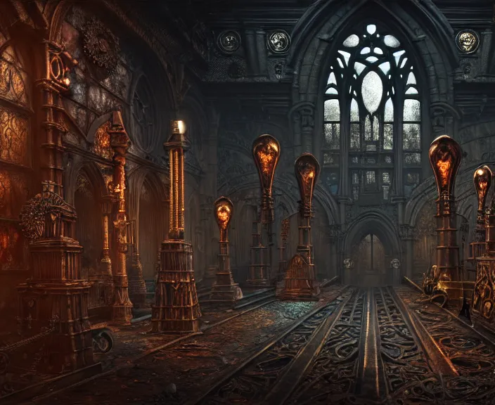 Image similar to steam necropolis, memento mori, gothic, neo - gothic, art nouveau, hyperdetailed copper patina medieval icon, stefan morrell, philippe druillet, ralph mcquarrie, concept art, steampunk, unreal engine, detailed intricate environment, octane render, moody atmospherics, volumetric lighting, ultrasharp, ominous, otherworldly