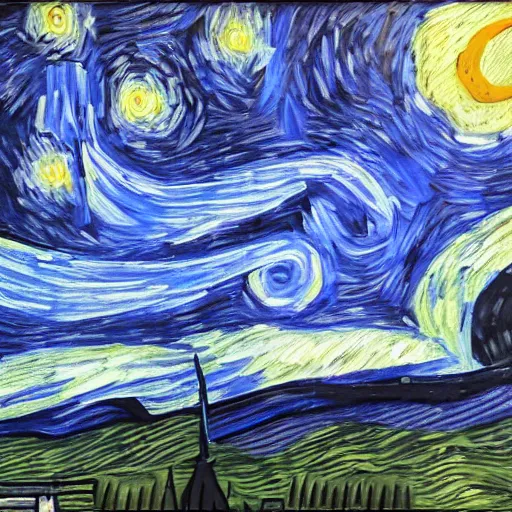 Prompt: a tesla model 3 driving through the highway, in the style of starry night by van gogh