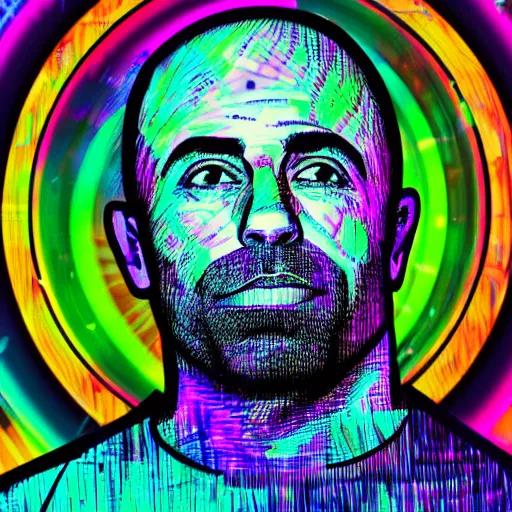 Image similar to a portrait of joe rogan with a psychedelic background with bokeh