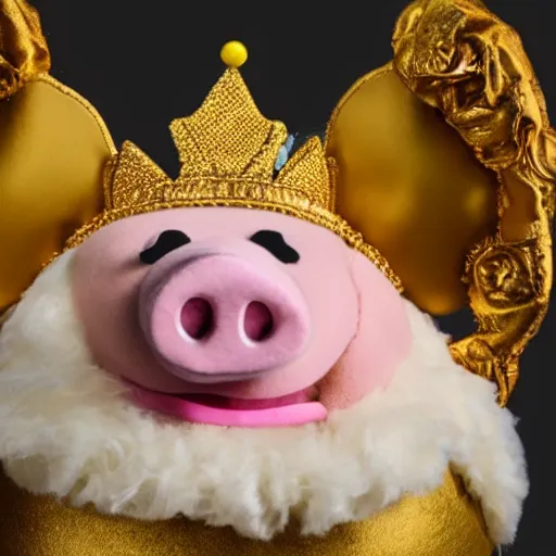 Image similar to pig wearing a gold crown as a Muppet holding a bowl 8k