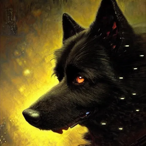 Image similar to a portrait of a black german shepard dogman canine neuromancer with human eyes furious angry holding computer console. shadowrun cyberpunk fantasy d & d highly detailed painting by gaston bussiere craig mullins jc leyendecker gustav klimt artgerm greg rutkowski