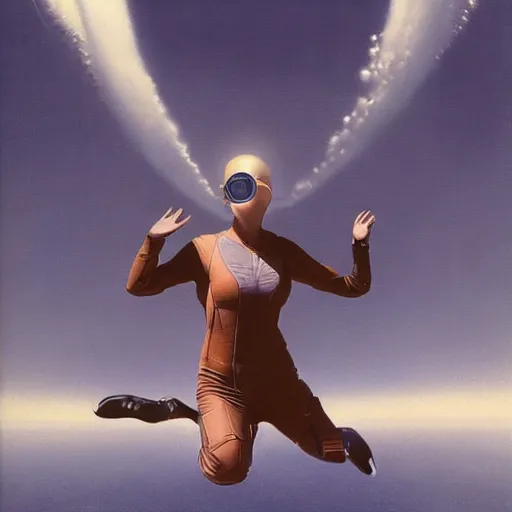 Image similar to woman in flight suit plunging into an abyss, bubbles, currents, dyson sphere, wet reflections, prism, atmospheric, ambient, pj crook, syd mead, livia prima, artgerm, greg rutkowski, nick alm, casey baugh