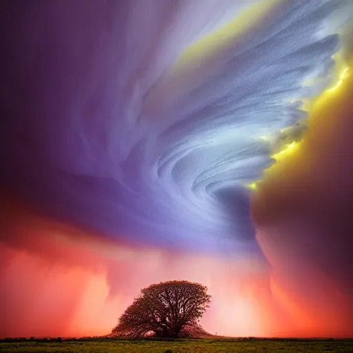 Image similar to amazing photo of purple clouds in the shape of a tornado by marc adamus, digital art, beautiful dramatic lighting