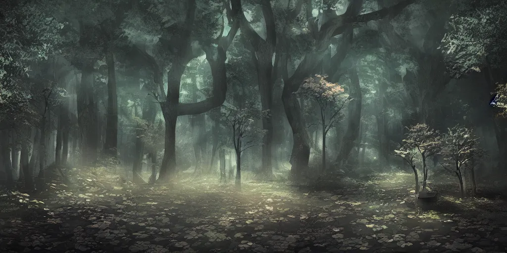 Image similar to a beautiful japanese school of magic in a dark forest, highly detailed, volumetric lighting, digital painting