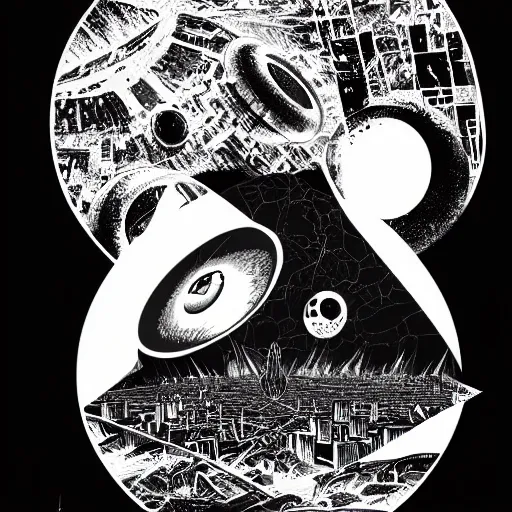 Image similar to tattoo png logo of black hole rising above city, city destroyed by shockwave, black hole with accretion disс, digital art, vector logo, sticker, black and white, art by brock hofer, marc simonetti, zdzisław beksinski