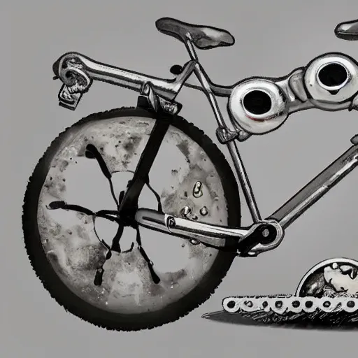 Prompt: a stainless steel bike, made of swiss cheese wheels, a cartoonish rat riding the bike on the surface of the moon and, photorealistic