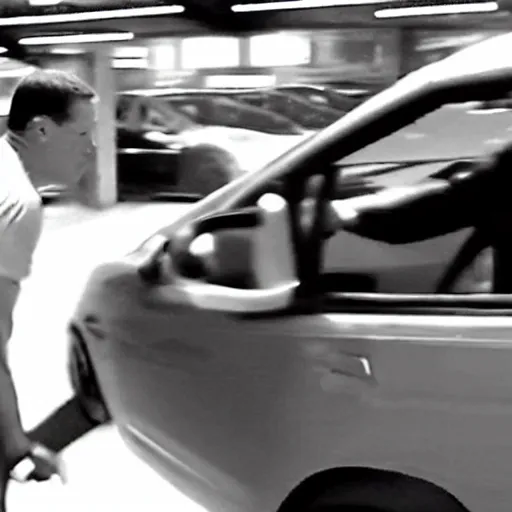 Prompt: CCTV footage of John Cena stealing a car