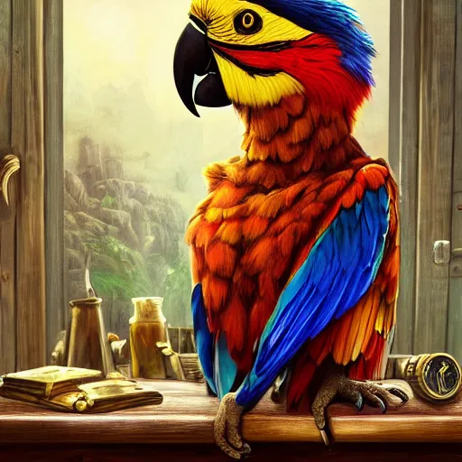 Prompt: Anthropomorphized parrot trader in his shop, selling his wares, portrait, items, gold, magic potions, carpet, window, sly expression , cunning expression, cute expression, long beak, presenting wares, holding a gold bag, D&D, fantasy, cinematic lighting, highly detailed, digital painting, artstation, concept art, smooth, sharp focus, illustration, warm light, cozy warm tint, magic the gathering artwork, volumetric lighting, 8k, art by Akihiko Yoshida, Greg Rutkowski