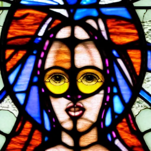 Prompt: unnerving stained glass window of buxom woman with censored eyes