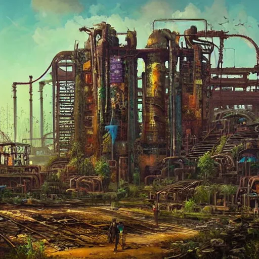 Image similar to beautiful painting of an industrial wasteland with balinese ruins and oriental decaying monuments in the style of Simon Stålenhag and H. R. Giger