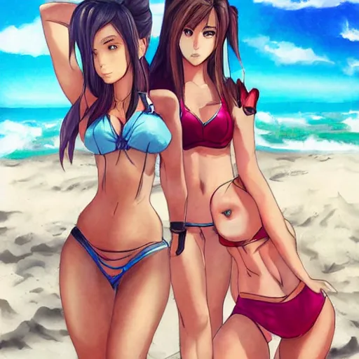 Image similar to beautiful aerith and tifa and jessie from final fantasy in a bikini on the beach making eye contact drawn by sakimichan