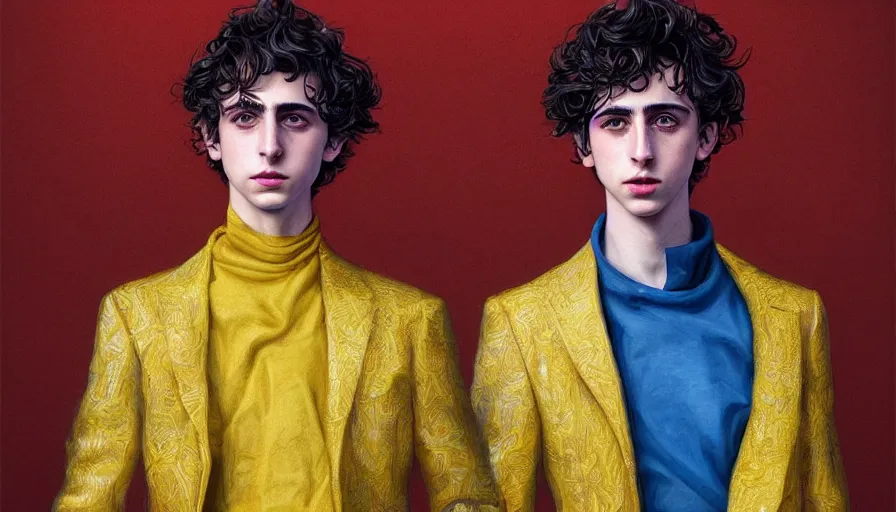 Prompt: :very detailed:masterpiece:digital:Timothee Chalamet:golden suit:featured in artstation:digitally painted by WLOP:yellow:blue:pink:⭐-H 1000