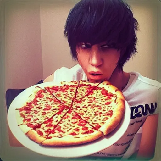 Image similar to “an emo femmeboi eating pizza and Cheerios for lunch”