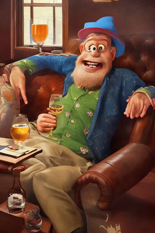 Image similar to still from kids tv show, retired barney, sitting in a lounge, sipping whiskey and smoking a cigar, oil on canvas, intricate, portrait, 8 k highly professionally detailed, hdr, cgsociety