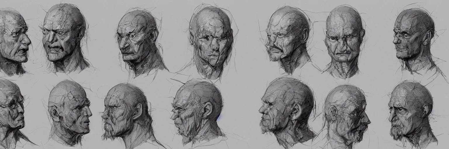 Image similar to character faces, realistic lars von trier face, character sheet, fine details, concept design, contrast, kim jung gi, greg rutkowski and da vinci, trending on artstation, 8 k, emotional, face turnaround, front view, back view, side view, ultra wide angle