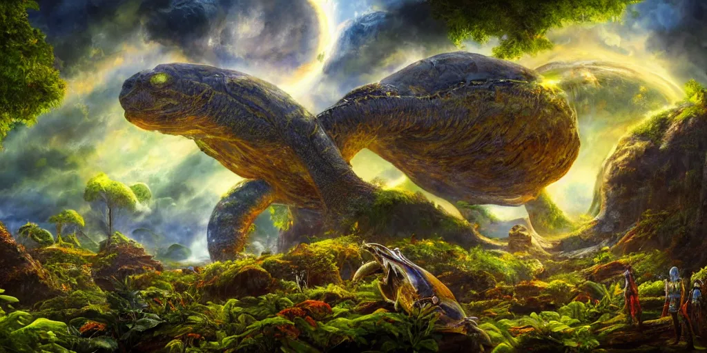 Image similar to fantasy oil painting, klattu's radiant spacecraft, outer worlds, great leviathan, turtle cephalopod terrapin reptilian pachyderm amphibian hybrid, rainforest mountains, lush plants flowers, epic natural light, bright clouds, luminous sky, bright cinematic key lighting, michael cheval, michael whelan, vray, 8 k hd