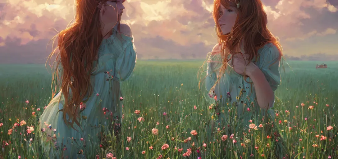 Image similar to a beautiful southern woman named Savannah, innocent, sad turquoise eyes, freckles, long ginger hair tied with white ribbon, relaxed in a field of flowers on a farm, gentle lighting, storm in the distance, somber, western clothing, dress, digital art by Makoto Shinkai ilya kuvshinov and Wojtek Fus, digital art, concept art,