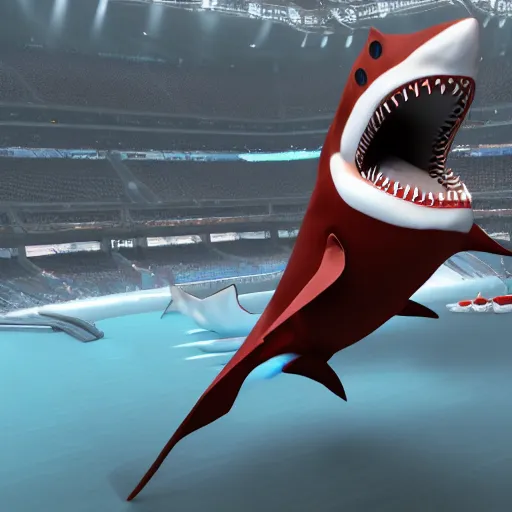 Image similar to Render of a 3D Shark Mascot Costume, with a jersey on, stadium setting, highly detailed, trending on artstation, Unreal Engine 4k