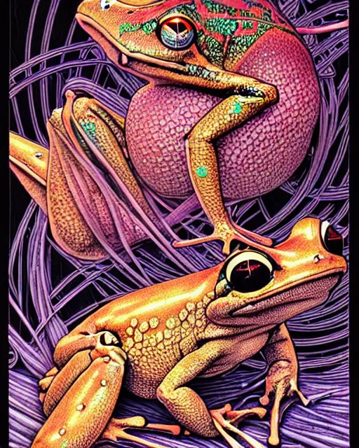 Image similar to hyper detailed illustration of a frog, intricate linework, lighting poster by moebius, ayami kojima, 9 0's anime, retro fantasy