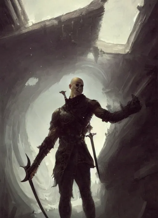 Prompt: a young man with wide, intense eyes, standing upside down on the ceiling. he is bald and clean shaven, dressed entirely in white and holding a huge sword. painting by greg rutkowski and raymond swanland