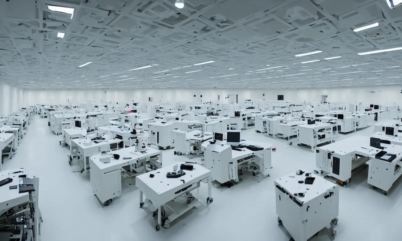 Image similar to inside of secret military laboratory, technology, bright, white, big space, laboratory equipment