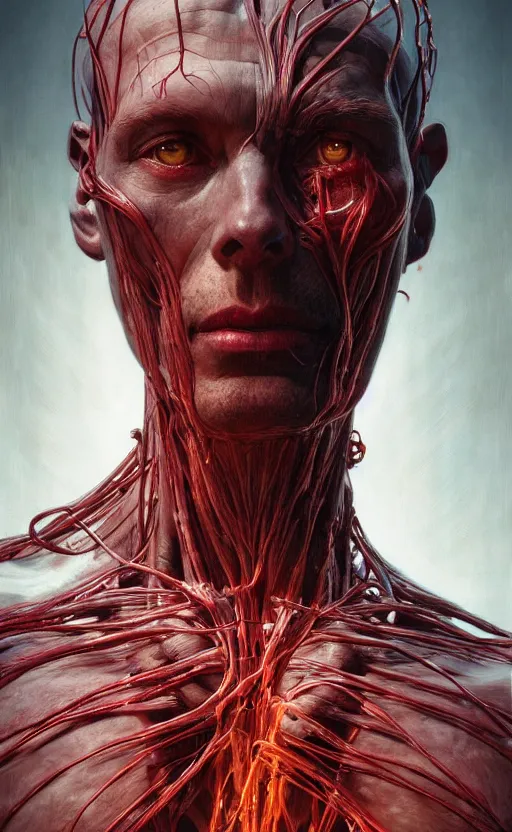 Image similar to portrait of a dark god, bloody wires, visible veins and nerves and muscles and bones and arteries, intricate, headshot, highly detailed, digital painting, artstation, concept art, sharp focus, cinematic lighting, illustration, art by artgerm and greg rutkowski, alphonse mucha, cgsociety