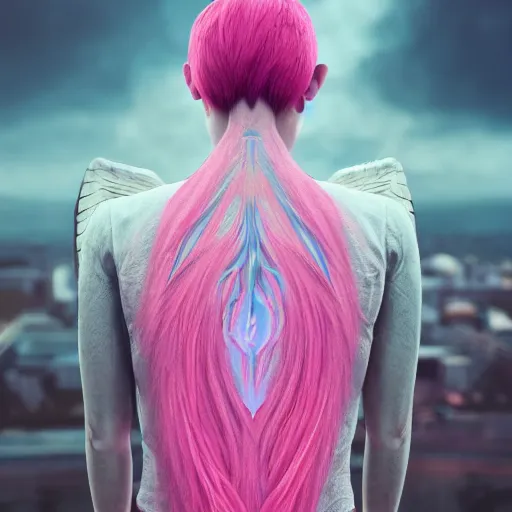 Image similar to beautiful warrior angel with pink hair, from behind, blue piercing eyes, mystery, beautiful aesthetic, by james jean, trending on artstation, digital art, octane render, 8 k, ultra realistic