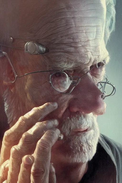 Prompt: portrait, close up, cyberpunk old man, movie poster, normal hands, normal legs, cinematic lighting, intricate, rugged, highly detailed, digital painting, artstation, smooth, sharp focus, illustration, art by artgerm and greg rutkowski and alphonse mucha and Wayne Barlowe and william-adolphe bouguereau