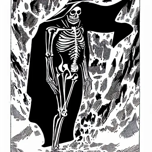 Prompt: a skeleton in black cloak by Alan Davis