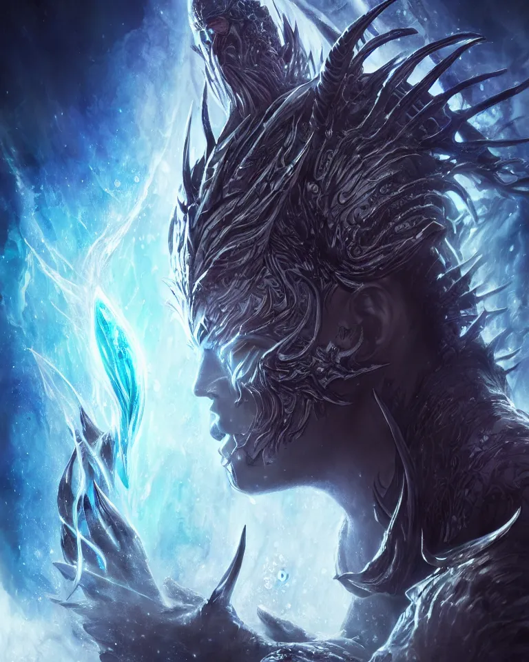 Image similar to beautiful cinematic fantasy poster, one individual demon king of water, beautiful glowing galaxy eyes, hybrid from The Elden Ring and art direction by Darius Zawadzki ;by artgerm; wayne reynolds art station; cinematic quality character render; low angle; ultra high quality model; production quality cinema model;