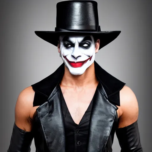 Image similar to a male model wearing a black leather hat in joker makeup, frontal view, cool looking