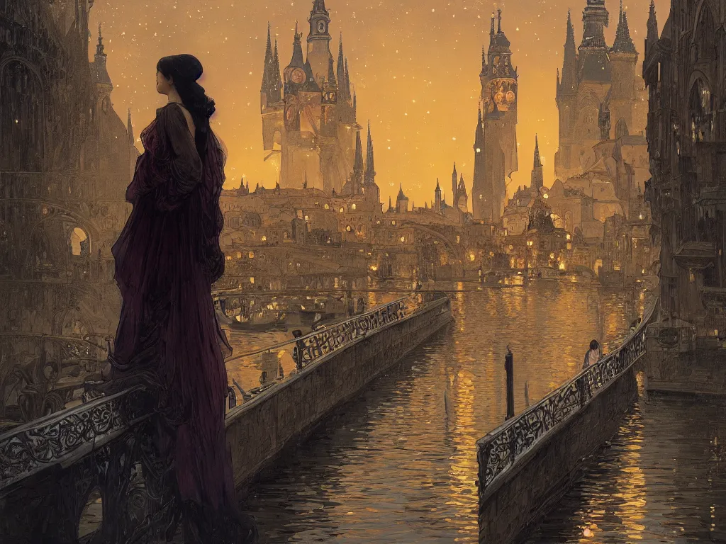 Image similar to a girl watching from the river of a city resembling prague, paris, and venice at night with the sky full of stars, intricate, elegant, highly detailed, digital painting, artstation, concept art, smooth, sharp focus, colored illustration for tattoo, art by krenz cushart and artem demura and alphonse mucha,
