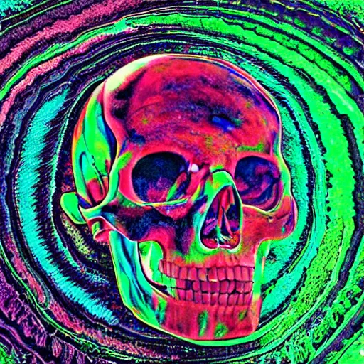 Image similar to human skull, trippy, glitch, psychedelic, melting wax,