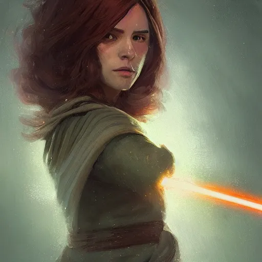 Prompt: portrait of a woman by greg rutkowski, jedi knight jade skywalker, wavy copper hair, jedi robes, star wars expanded universe, she is about 2 0 years old, wearing jedi robes, highly detailed portrait, digital painting, artstation, concept art, smooth, sharp foccus ilustration, artstation hq