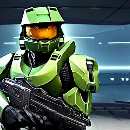 Prompt: a photo of The Master Chief from Halo hosting an episode of The Master Chef