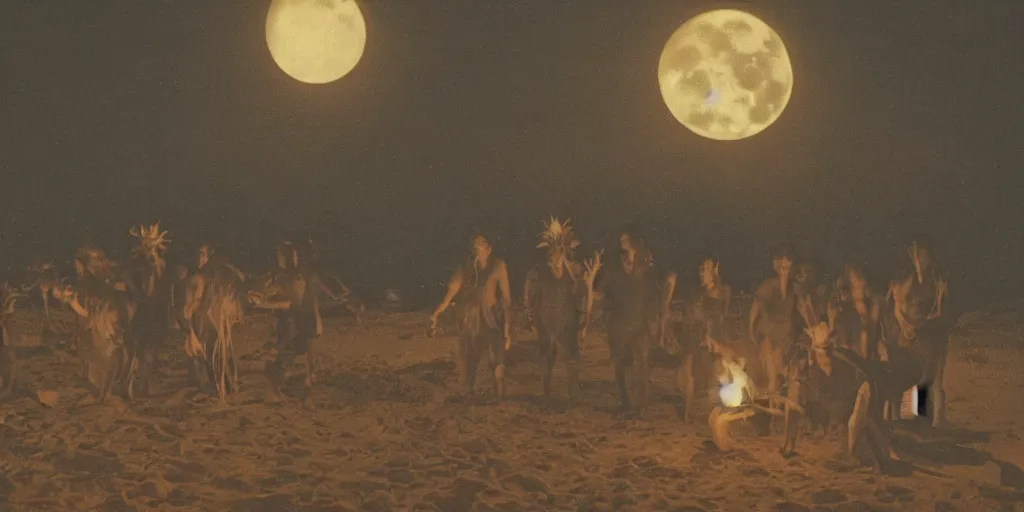 Prompt: Hawaiian native ghosts on a moon lit beach carrying torches