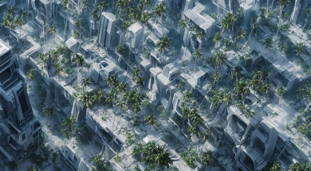 Image similar to a matte painting of high - tech floating city earthquake, concept art, gravels around, coconut palms, weightlessness, reverse, by yang qi, romain jouandeau, quy ho, karol bak, beeple, 4 k, unreal engine, vray render, artstation