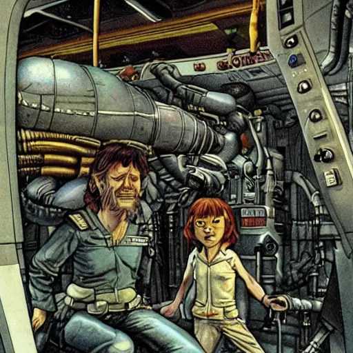 Image similar to scruffy punk starship crew in engine room of nostromo, extraterrestrials, alien 1 9 7 9, ron cobb, jim henson creature shop, mike mignogna, highly detailed, comic book, science fiction, used future