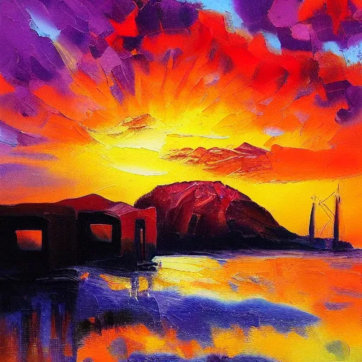 Image similar to an impasto oil painting of a stunning, colorful sunset painted by ken hong leung