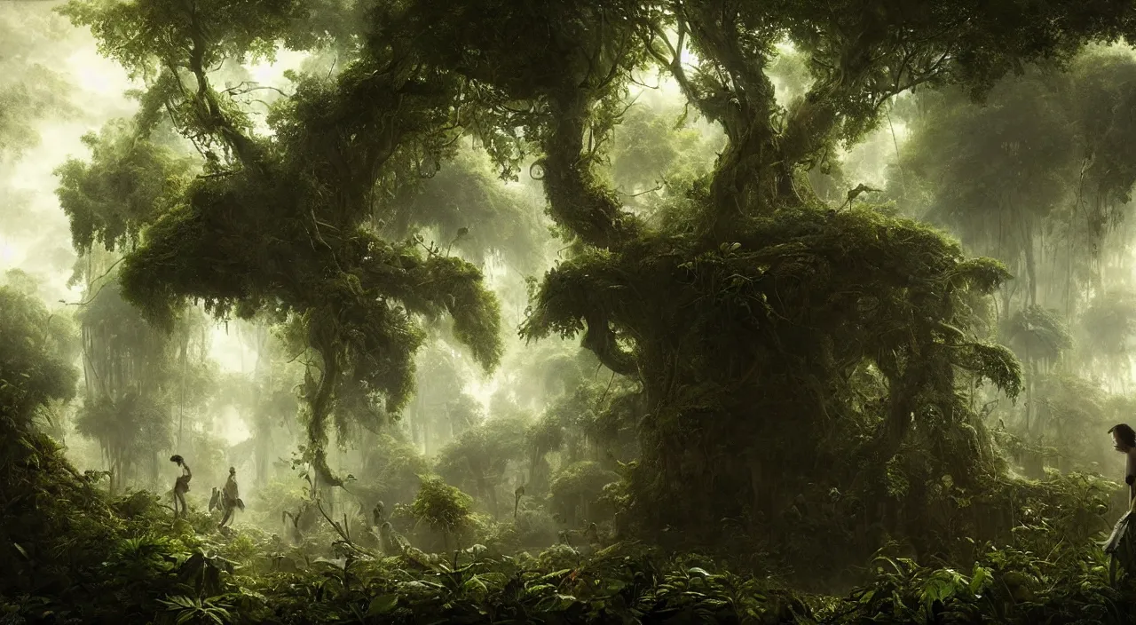 Prompt: dangerous jungle with huge leaves. edward gorey, andreas achenbach, artgerm, mikko lagerstedt, zack snyder, tokujin yoshioka