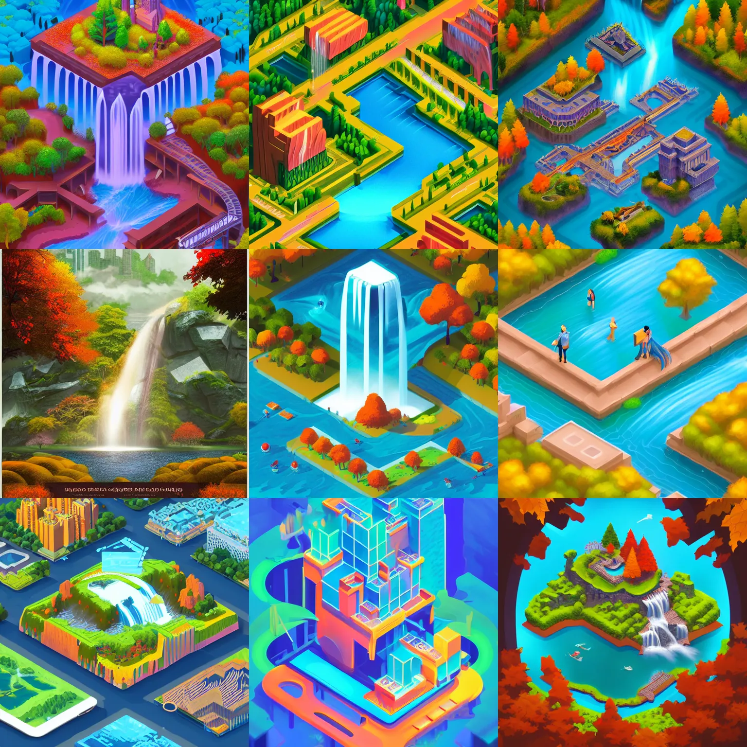 Prompt: isometric webdesign icon for paradise autumn central park with waterfall, cinematic, by Artgerm, tooth wu, dan mumford, beeple, wlop, rossdraws, James Jean, Andrei Riabovitchev, Marc Simonetti, yoshitaka Amano, Artstation