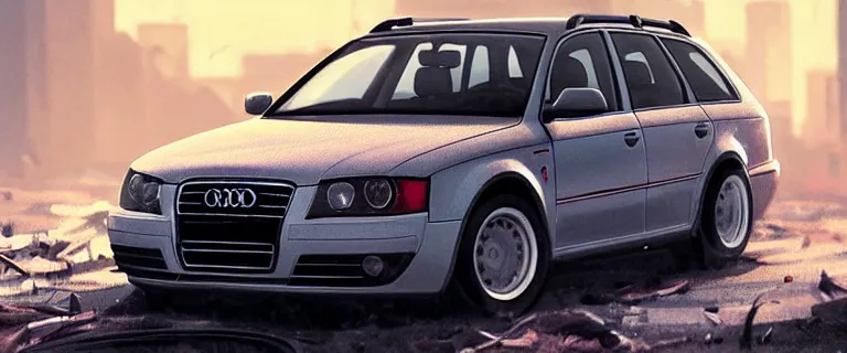 Image similar to Audi A4 B6 Avant (2002), a post apocalyptic, dramatic lighting, cinematic, establishing shot, extremly high detail, photorealistic, cinematic lighting, artstation, style by greg rutkowsky