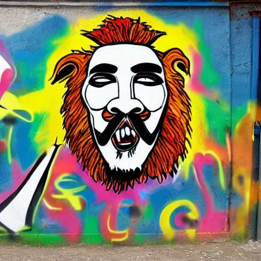 Prompt: lion in the style of anonymous guy fawkes as vibrant graffiti