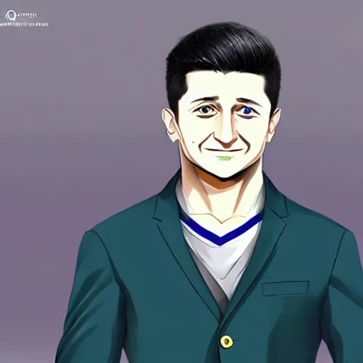 Image similar to the portrait of volodymyr zelensky in anime style is as realistic as possible