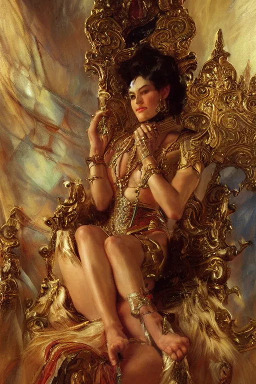 Image similar to full body portrait of blind queen astride her throne, highly detailed painting by gaston bussiere, craig mullins, j. c. leyendecker, 8 k, mid shot